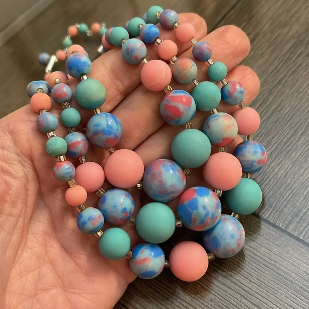 Vintage Japan Three Strand Pastel Candy Colored Beaded Necklace